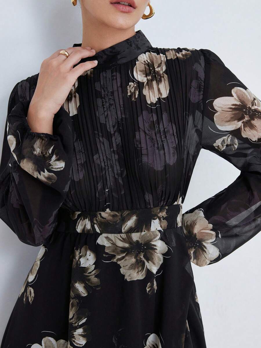 Aveloria Modichic Elegant Pearl Chiffon Watercolor Floral Print Pleated Bust Asymmetric Hem Long Sleeve Dress - Multicolor - View 1