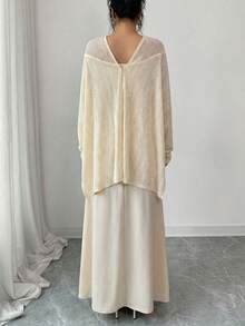 Modelyn 女士纯色褶皱披肩领优雅长裙，适合派对穿着 - 卡其色 - 查看 3