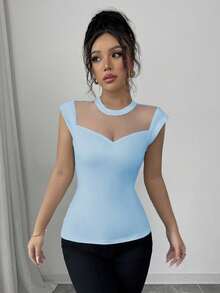 Elenzga Women's Summer Knit High Elasticity Fashionable Mesh Slim Fit T-Shirt - Baby Blue - View 6