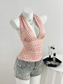 Elamini 女士简约浪漫情人节粉色波点露背褶皱修身吊带衫 - 粉色 - 查看 3