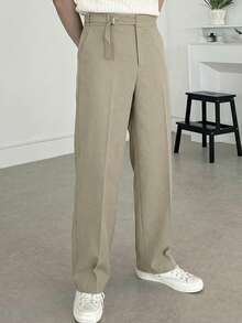DAZY Men's Solid Color Khaki Waistband Design Long Suit Pants, Spring/Summer - Khaki - View 4