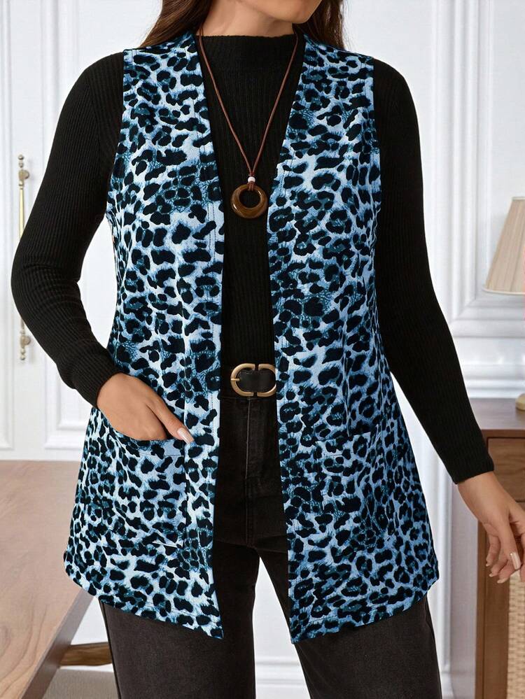 Plus Size Women's Summer Casual Vacation Leopard Print Open Front Sleeveless Jacket,Spring Break ,Vacation Women ,Holiday For Women,Going Out,2026 New,Simple And Fashionable For Everyday Wear, Animal Print, Cardigan With Print