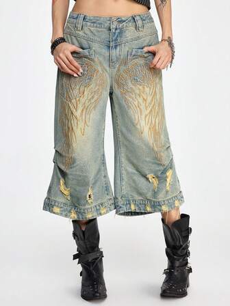 Grunge Punk Y2K Vintage Sexy Angel Wings Embroidered Ruched Distressed Low Waist Women Denim Shorts