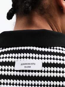 SUMWON Checkerboard Stripe Short Sleeve Polo Shirt With Classic Collar And Button Placket For Casual Summer Spring Everyday Wear - Black and White - View 6