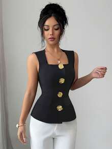 Elenzga Women's Summer New Elegant Commuter Fashion Versatile High-End Metal Buckle Decor Black Sleeveless Square Neck Waist Shirt - Black - View 6