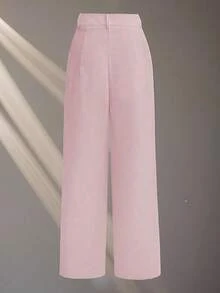Franclia Petite 女款優雅灰粉色高腰直筒休閒長褲，秋季辦公正式西裝褲，鈕扣與拉鍊開合，適合嬌小女性 - 淺粉色 - 查看 2