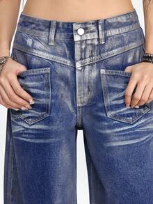 ROMWE Grunge Punk Quần jeans ống rộng dáng suông màu bạc ánh kim kiểu dáng tương lai - Màu xanh lam - Xem 7