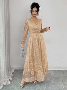 Rafferiza 亮片装饰长袖派对礼服 - 香檳色 - 查看 4
