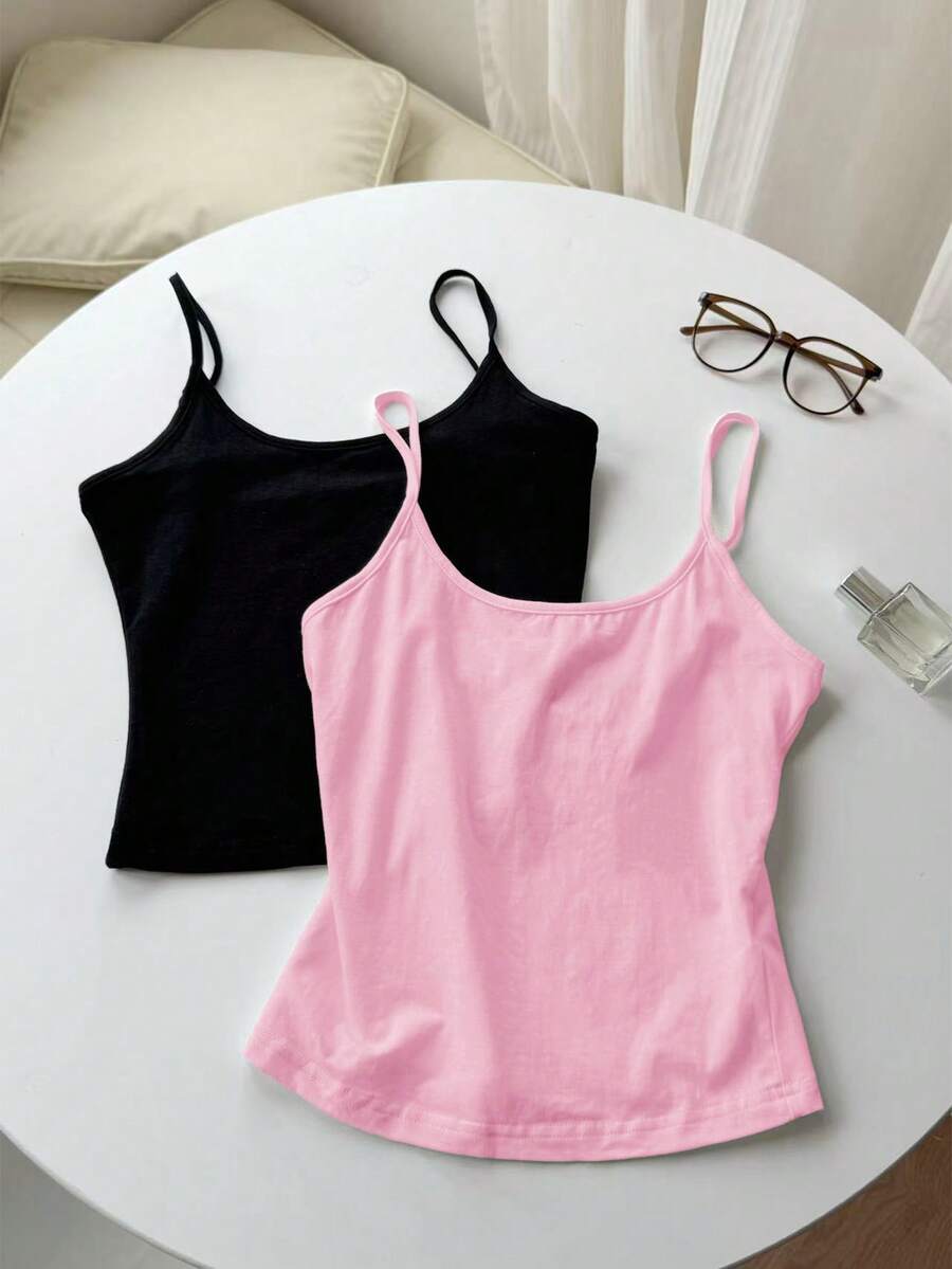 SHEIN EZwear 2件組夏季休閒純色百搭細肩帶背心上衣,可愛女款瑜伽平織吊帶背心女裝 - 彩色 - 查看 1