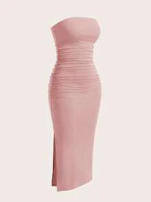 SHEIN EZwear 女士多色褶皱修身针织筒裙 - 粉色 - 查看 7