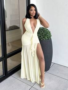Alexandranx 性感简约纯黄色奶油色深 V 领露背紧身褶饰修身女式超长网眼连衣裙，适合派对、鸡尾酒会、正式场合、伴娘、生日、圣诞节、商务休闲、优雅女式超长连衣裙 - 淡黃色 - 查看 4