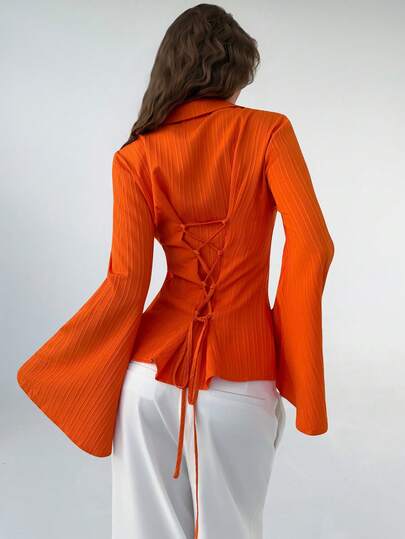 RiviMae Fashionable Casual Women's Commuter Shirt, Textured Fabric With Back Tie Women's Button Up Blouse Orange Blouses For Women Orange Summer Top 70s Tops Bell Sleeve Blouse Orange Outfits