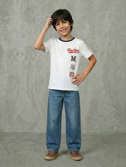 Casuvi Kids 男童宽松休闲创意美式风格“NEW YORK”竖排文字和数字M图案短袖T恤