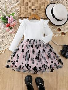 SHEIN Elladie kids 少女碎花网纱荷叶边收腰连衣裙，时尚百搭，适合派对和度假，秋/春季穿着 - 彩色 - 查看 3