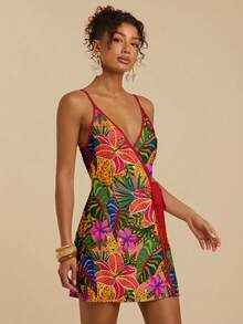 Travachic Đầm ngắn nữ kiểu dáng nghỉ dưỡng thoải mái, họa tiết hoa nhiệt đới và da báo, thắt eo bên hông, thích hợp cho kỳ nghỉ, kiểu dáng đa năng, dễ phối đồ theo phong cách đảo. - trắng - Xem 4