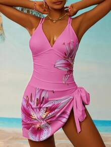 Swim Lushoire 女士印花系带腰部吊带泳衣 - 粉色 - 查看 4