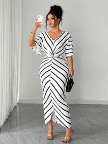 SHEIN Elenzya Fitted Plus Size Elegant Striped Long Dress For Women With V Neck Half Sleeve And Asymmetrical Wrap Detail - White - View 7