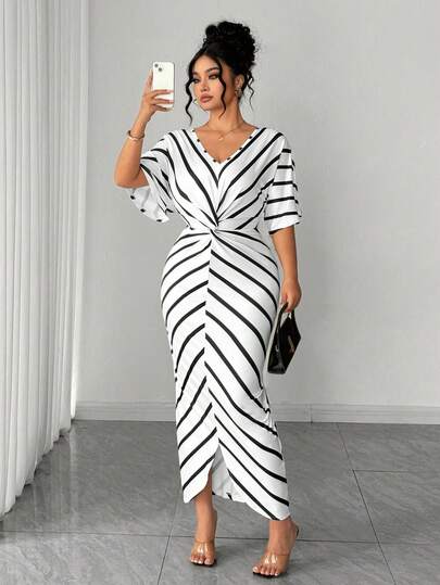 SHEIN Elenzya Plus Size Women V-Neck Bell Sleeve 7/8 Sleeve Striped Twist Casual & Work Elegant Dress, Spring/Summer