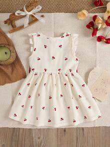 Souflis Souflis 1 pieza Vestido casual de niña pequeña con cuello redondo, sin mangas, con botones, estampado de frutas y volantes en el bajo, color albaricoque, adecuado para salidas de verano, viajes y fotografía - Albaricoque - Ver 3