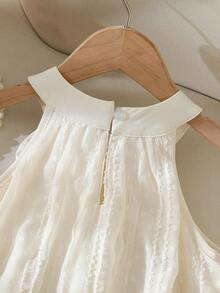 SHEIN Vintaside Kids 女童优雅公主风吊带提花刺绣双层荷叶边宽松公主裙，适合度假、旅行、派对、送礼，春秋季女童奶油色连衣裙，女童休闲连衣裙，象牙色连衣裙 - 杏色 - 查看 6