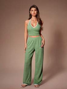 Lazeform Women's Fashion Spaghetti Strap Crop Top V-Neck Camisole + Embroidered Long Pants 2-Piece Pajama Set - Green - View 5