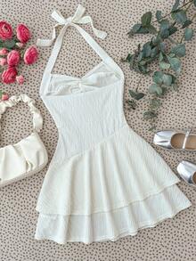 SHEIN Đầm ngắn màu mơ hở lưng dành cho thiếu nữ, kiểu buộc dây/xếp bèo ở gấu, thiết kế hai lớp, thích hợp cho tiệc tùng, hẹn hò, ngày Valentine, kỳ nghỉ, đi biển. - Màu be - Xem 2