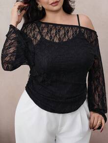 Seusyu Plus Size Women Elegant Fitted Lace Patchwork Asymmetric Shoulder Top, Versatile For Spring/Summer - Black - View 3