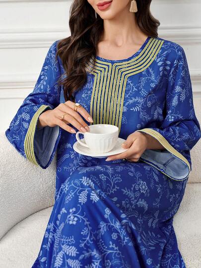 Yasmyna Women's Elegant Floral Print Contrast Tape Detail Flare Sleeve Loose Dress, Vacation Style