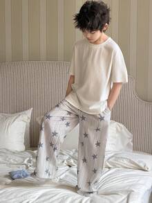 DAZY 男童纯色短袖T恤和条纹星星印花长裤睡衣套装，夏季