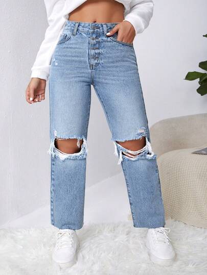Flexra Plus Size Casual Washed Distressed High Waist Jeans