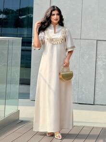 Al Najma Women's Tassel Design V-Neck Short Sleeve Loose Elegant Arabic Dress - Apricot - View 4