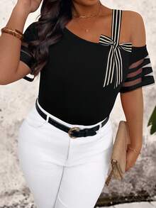 Elenzga Große Größen Damen einfarbiges Mesh Patchwork asymmetrische Schleife Kurzarm modisches T-Shirt - Schwarz - Übersicht 1