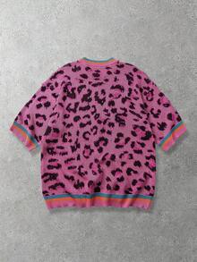 ROMWE MEN Street Life Men's Leopard Print Button Knit Sweater - Hot Pink - View 6
