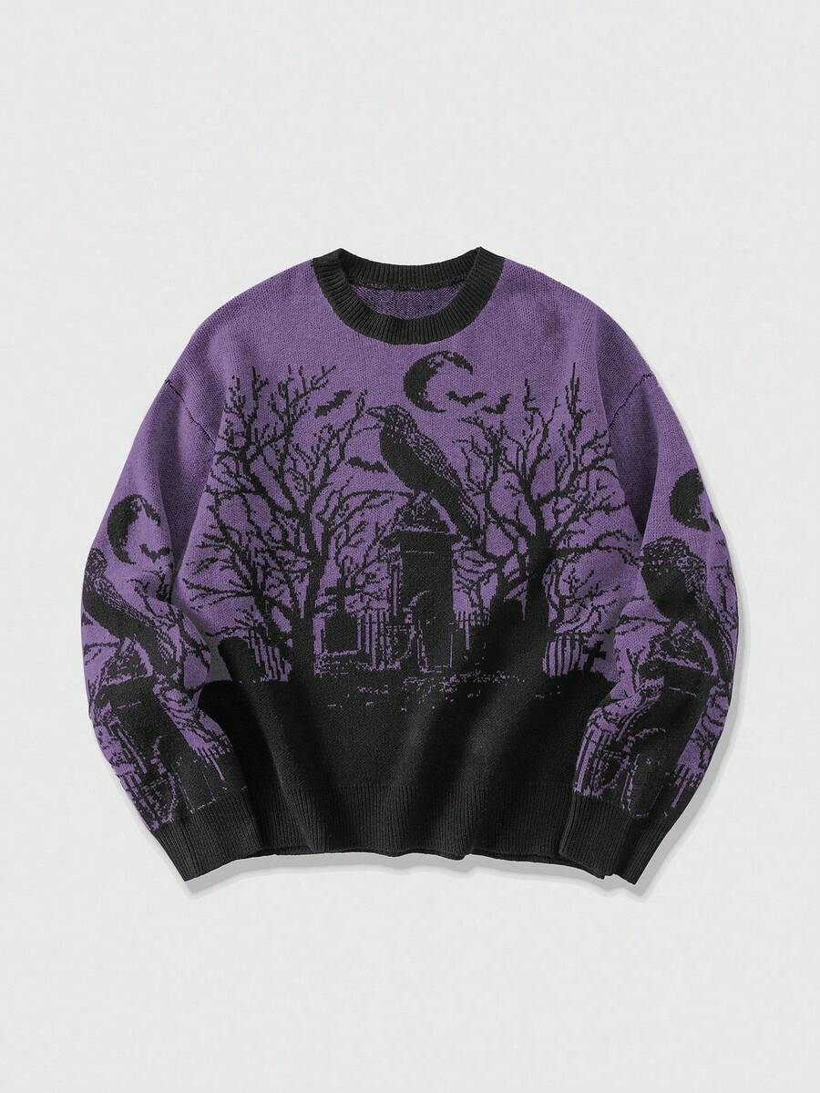 ROMWE MEN Goth Áo len nam dệt kim jacquard phối màu tương phản, phong cách thường ngày, thích hợp cho mùa Thu/Đông. - Màu tím - Xem 1