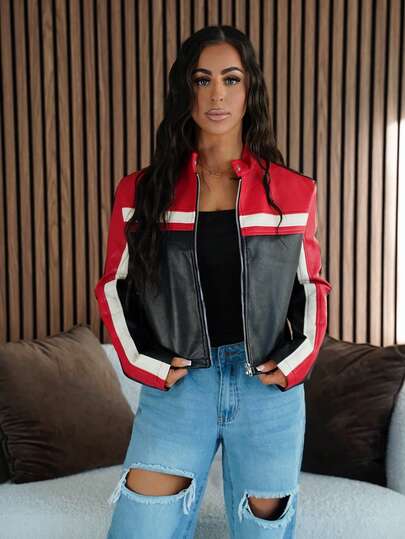 SAYEHFBABY Colorblock Zip Up Crop Jacket,Ladies Late Fall Casual Zipper Regular Sleeve Stand Collar Regular Fit Black Striped Women Jackets,Casual Daily Wear