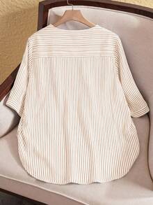 Rusticease Plus Size Women Striped V-Neck Loose Casual Shirt, Summer Tops - Yellow - View 3