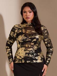SHEIN BAE Áo nữ cỡ lớn, in họa tiết vàng, cổ đứng, chất liệu lưới xuyên thấu, tay dài, ôm sát, thích hợp cho các dịp thường ngày, hẹn hò, đi chơi đêm, câu lạc bộ, tiệc tùng, phù hợp cho hẹn hò hàng ngày, đi chơi đêm, câu lạc bộ, tiệc cưới, tiệc tùng, tiệc cocktail, áo sequin vàng ánh kim lấp lánh cho nữ, vải vàng loang, áo tay dài xuyên thấu màu đen và vàng. - Vàng - Xem 4