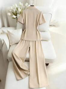 Franclia 卡其色长袖衬衫，黑色蕾丝边饰，搭配卡其色阔腿裤，休闲优雅的春夏两件套服装 - 卡其色 - 查看 2