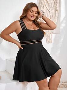 SHEIN CURVE+ 夏季沙滩大码单色泳装套装，沙滩度假风泳衣，大码女装，女士纯色泳衣，沙滩度假泳装，夏季，女士度假装，女士沙滩装，女士两件套，泳装 - 黑色 - 查看 3