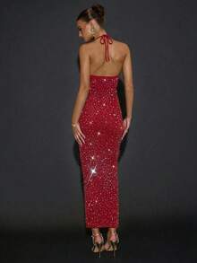 SHEIN BAE Elegant Dark Red Backless Long Bodycon Dress With Rhinestone Decor,Summer Party,Formal Occasions,Cocktail Party,Nightclub,Wedding Bridesmaid - Red - View 2