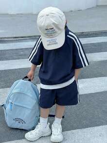 两件套儿童男童休闲日常舒适罗纹领半拉链套头衫和短裤梭织两件套POLO衫套装 - 黑色 - 查看 4