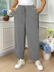 EMERY ROSE Plus Size Women Cotton Solid Color Drawstring Waist Pockets Loose Pants Fall - Light Grey - View 4