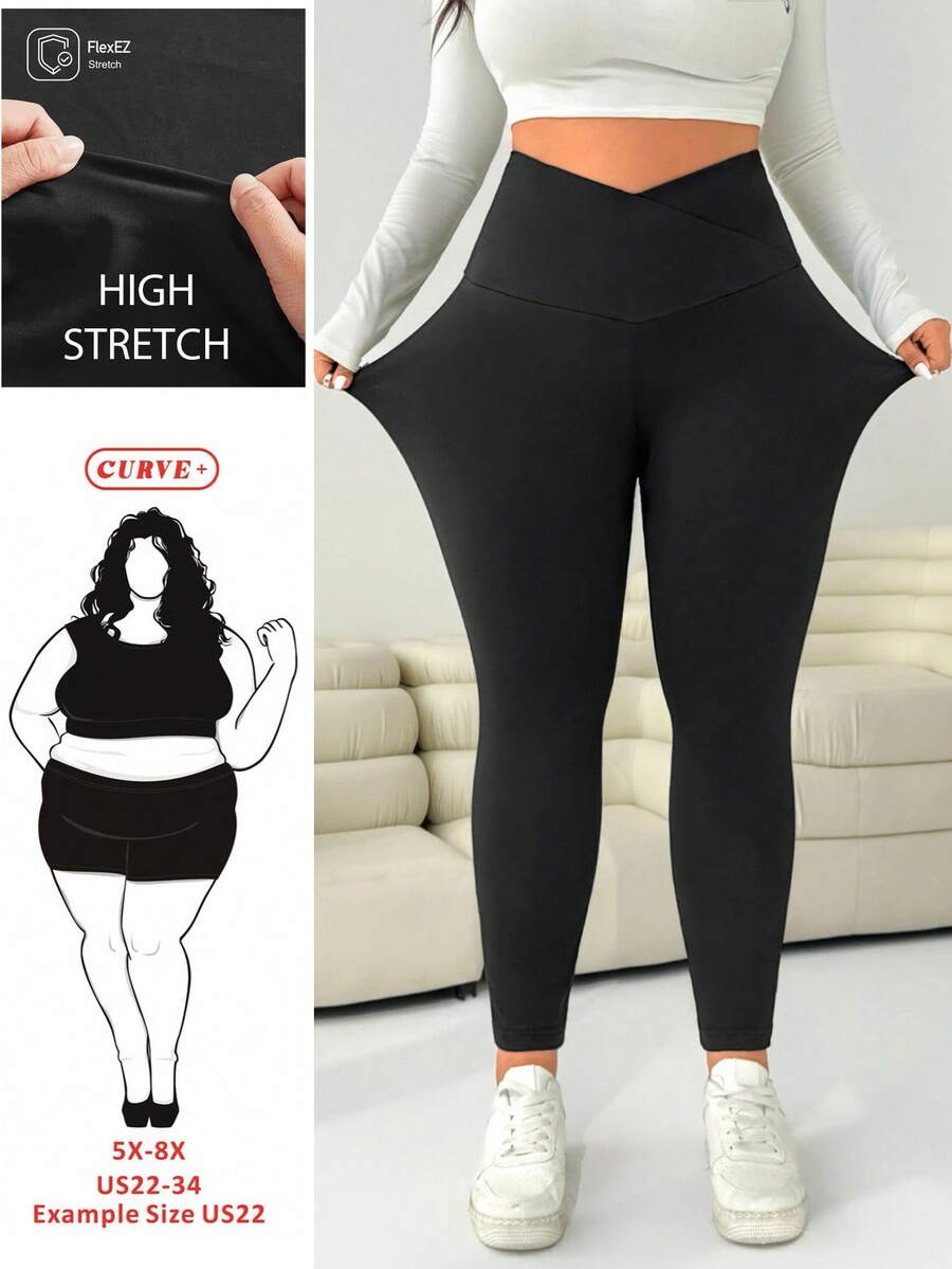 SHEIN CURVE+ 大码女式黑色高弹力收腹紧身裤 - 黑色 - 查看 1