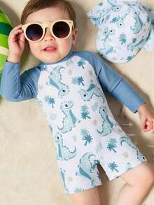 SHEIN Newborn Knitted Dinosaur Pattern Swimsuit With Hat Set