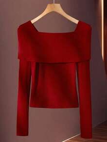 Franclia Petite Women's Elegant Burgundy Red Bow Decor Fitted Long Sleeve T-Shirt,Autumn Off Shoulder Top For Dinner Date,Commuter Wine Red Top ,Petite Women - Burgundy - View 2