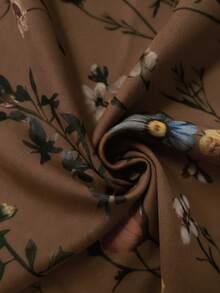 Elenzga 女士优雅 U 领花卉印花褶皱腰长袖 T 恤上衣，适合女性日常生活、派对、通勤、秋冬季 - 棕色 - 查看 7