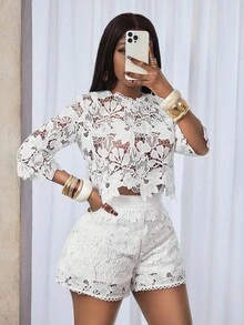 BamGleam Áo kiểu nữ dệt kim bốn mùa, chất liệu ren xuyên thấu, khoét eo gợi cảm, tay loe, kiểu dáng thanh lịch. - trắng - Xem 4