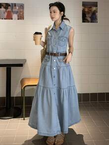 DAZY Women's Casual Washed Pocket Lapel Sleeveless Denim Dress, Summer - Blue - View 5