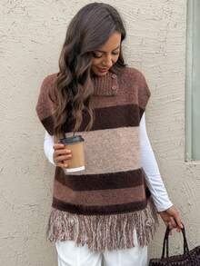 Vivie Lora 女士时尚条纹流苏毛衣，秋冬款 - 卡其色 - 查看 6