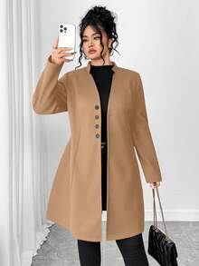 SHEIN Tall CURVE Áo khoác ngoài thời trang cổ đứng dành cho nữ cỡ lớn, thích hợp cho công sở. - Màu Khaki - Xem 4